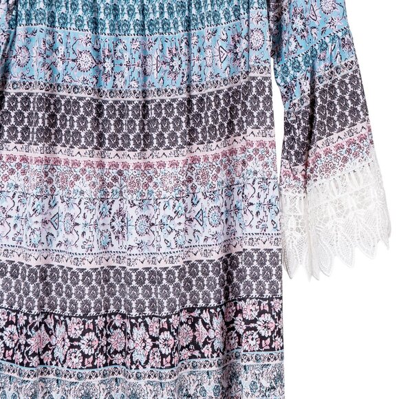 West Loop Peasant Blouse M Womens Long Lace Sleeves Floral Blue Pink Black - Picture 3 of 6